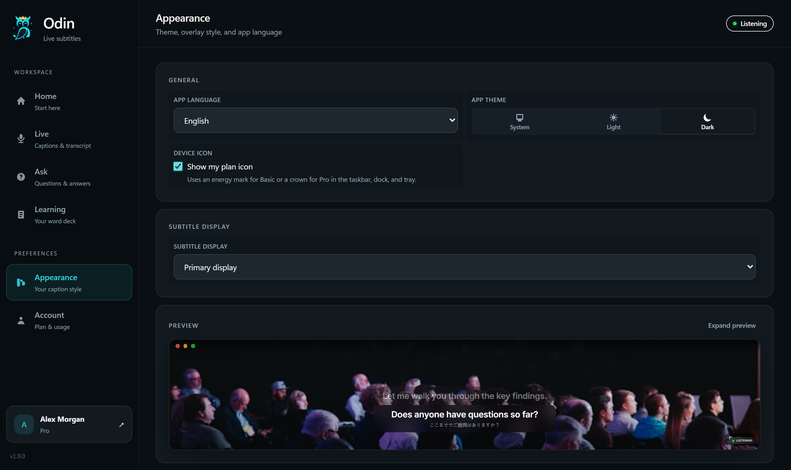 Odin Appearance screen with caption styling controls and the built-in overlay preview.