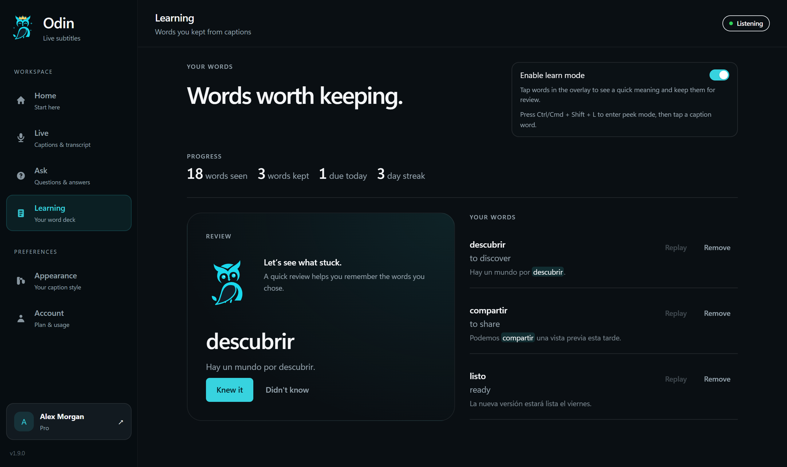 Odin Learning mode showing saved Spanish words, meanings, original sentences and a word due for review.