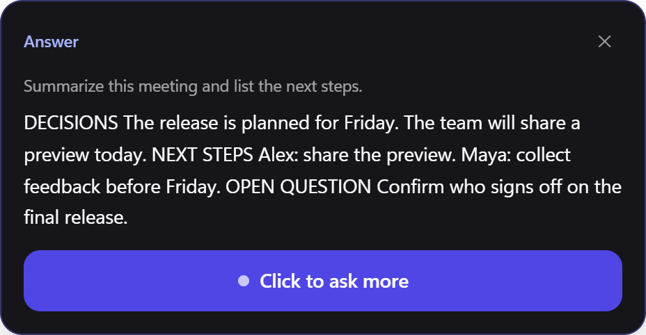 Actual Odin overlay showing the Friday release decision, owners, next steps and an open question.